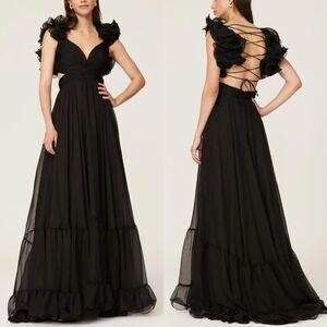 MAC DUGGAL Gown Women 6 Ruffled Cutout Lace-Up Back Solid Black